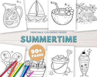 Summer Coloring Pages Bundle, Kids Printable Coloring Book, Summer Activity Pages, Cute Summer Beach Coloring (Us Letter, A4 & A5)
