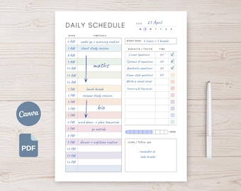 Daily Study Planner Printable Student Schedule, Undated Study Tracker, Student Organizer, PDF Canva Template (Us Letter, A4, A5, HPC)