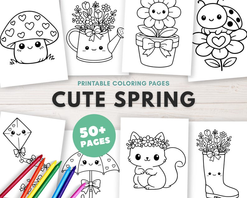 Kawaii spring coloring pages bundle printable PDF for kids featuring adorable and cheerful designs. This collection includes cute characters like smiling flowers, bunnies, and happy suns in a fun kawaii style. Perfect for toddlers and preschoolers who enjoy easy, creative coloring activities during the spring season.