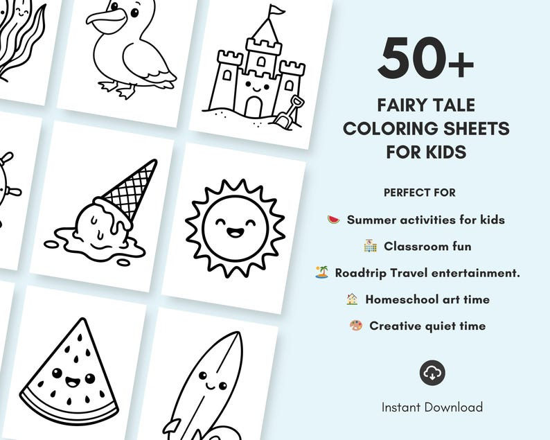 Cute beach coloring sheet with smiling sun and characters.
Kids will love coloring happy beach scenes filled with kawaii sunshine, sand, and playful elements.