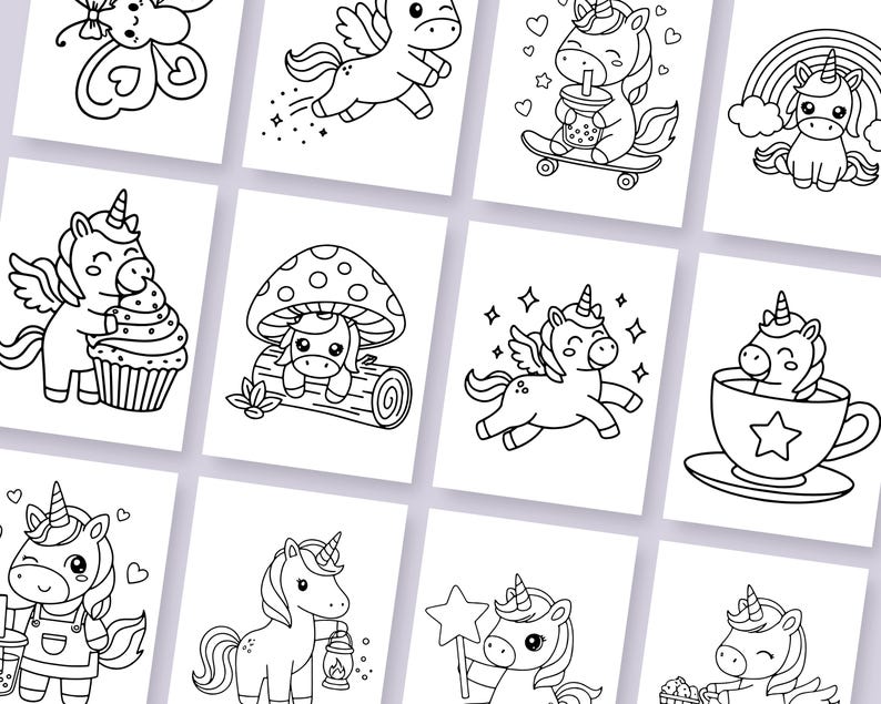 Unicorn coloring book printable for children with fun, engaging, and adorable illustrations. This bundle is perfect for keeping kids busy while exploring magical themes and characters. Simply download, print, and enjoy hours of creative coloring fun.