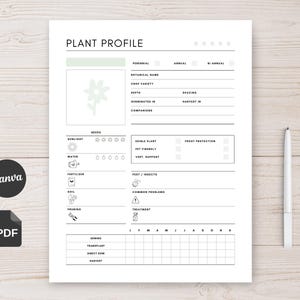 May include: A white Plant Profile template with a light green header and a flower graphic. The template includes sections for plant details, needs, and a monthly planting schedule. A pen rests on the right side.