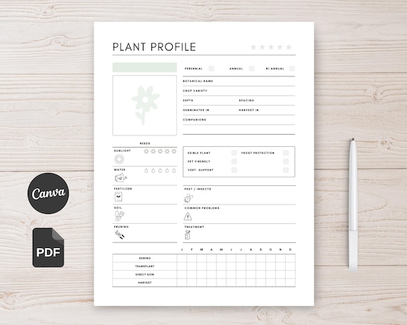 Plant Profile Printable Garden Planner Editable Plant Care Tracker Canva Template (US Letter, A4, A5 & HPClassic)