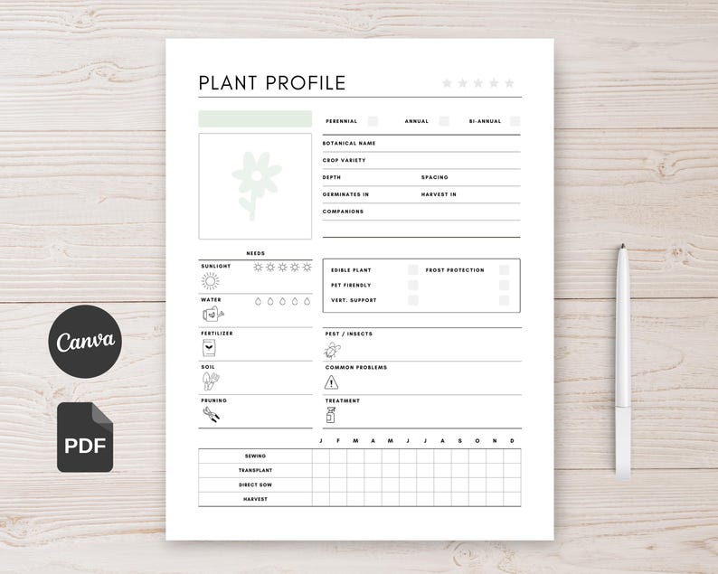 This editable Plant Profile Template helps you create a structured garden planner printable for every plant you grow. Record plant information, care needs, common issues, and track your sowing, transplant, and harvest schedule in one organized sheet.