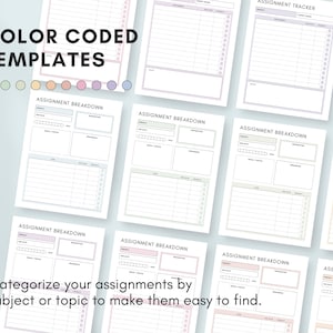 May include: A collection of colour-coded assignment templates, featuring the text "COLOR CODED TEMPLATES." The templates include sections for subject, due date, and notes. The text "ASSIGNMENT BREAKDOWN" and "ASSIGNMENT TRACKER" are visible. The image also includes the text "Categorize your assignments by subject or topic to make them easy to find."