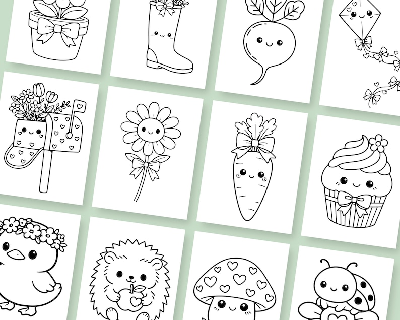 Large simple kawaii coloring sheets for kids in a spring-themed printable bundle designed for young learners. The easy-to-color designs help build confidence while encouraging creativity and independent play. Perfect for quiet time, rainy days, or adding fun to spring celebrations and activities.
