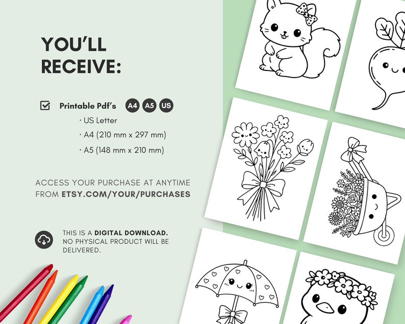 Spring kawaii coloring book printable for children with fun, engaging, and adorable illustrations. This bundle is perfect for keeping kids entertained while exploring cute seasonal themes and characters. Simply download, print, and enjoy hours of creative coloring fun at home or on the go.