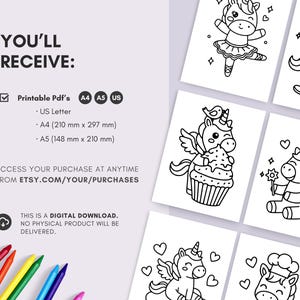 Puede incluir: Dibujos lineales en blanco y negro de unicornios sobre papel blanco. La imagen incluye texto que dice "YOU'LL RECEIVE: Printable PDFs, US Letter, A4 (210 mm x 297 mm), A5 (148 mm x 210 mm), y "ESTA ES UNA DESCARGA DIGITAL. NO SE ENTREGAR&Aacute; NING&Uacute;N PRODUCTO F&Iacute;SICO."