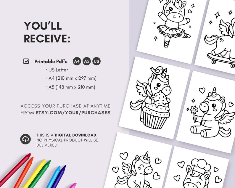 Puede incluir: Dibujos lineales en blanco y negro de unicornios sobre papel blanco. La imagen incluye texto que dice "YOU'LL RECEIVE: Printable PDFs, US Letter, A4 (210 mm x 297 mm), A5 (148 mm x 210 mm), y "ESTA ES UNA DESCARGA DIGITAL. NO SE ENTREGAR&Aacute; NING&Uacute;N PRODUCTO F&Iacute;SICO."