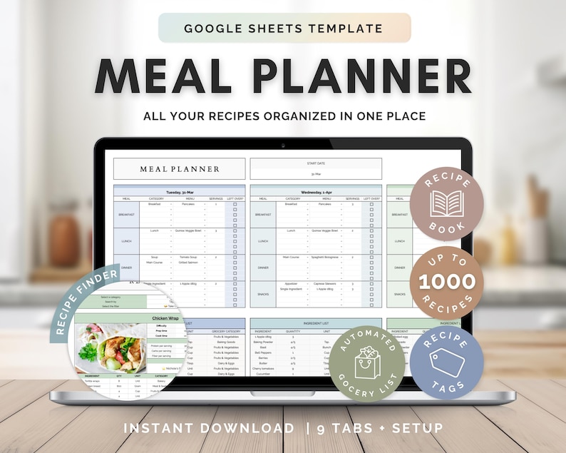 Weekly Meal Planner Google Sheets Recipe Book Organizer Spreadsheet ...