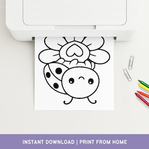 Puede incluir: Una impresi&oacute;n en blanco y negro de una mariquita y una flor sale de una impresora blanca. La mariquita tiene lunares y una cara sonriente. L&aacute;pices de colores y clips de papel est&aacute;n sobre la superficie blanca. El texto "INSTANT DOWNLOAD | PRINT FROM HOME" est&aacute; en la parte inferior.