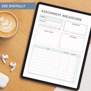 Assignment tracker printable with subject, due date, and task sections for organized planning. This layout helps students clearly break down assignments and manage deadlines with ease. Perfect for staying on top of schoolwork and avoiding last-minute stress.