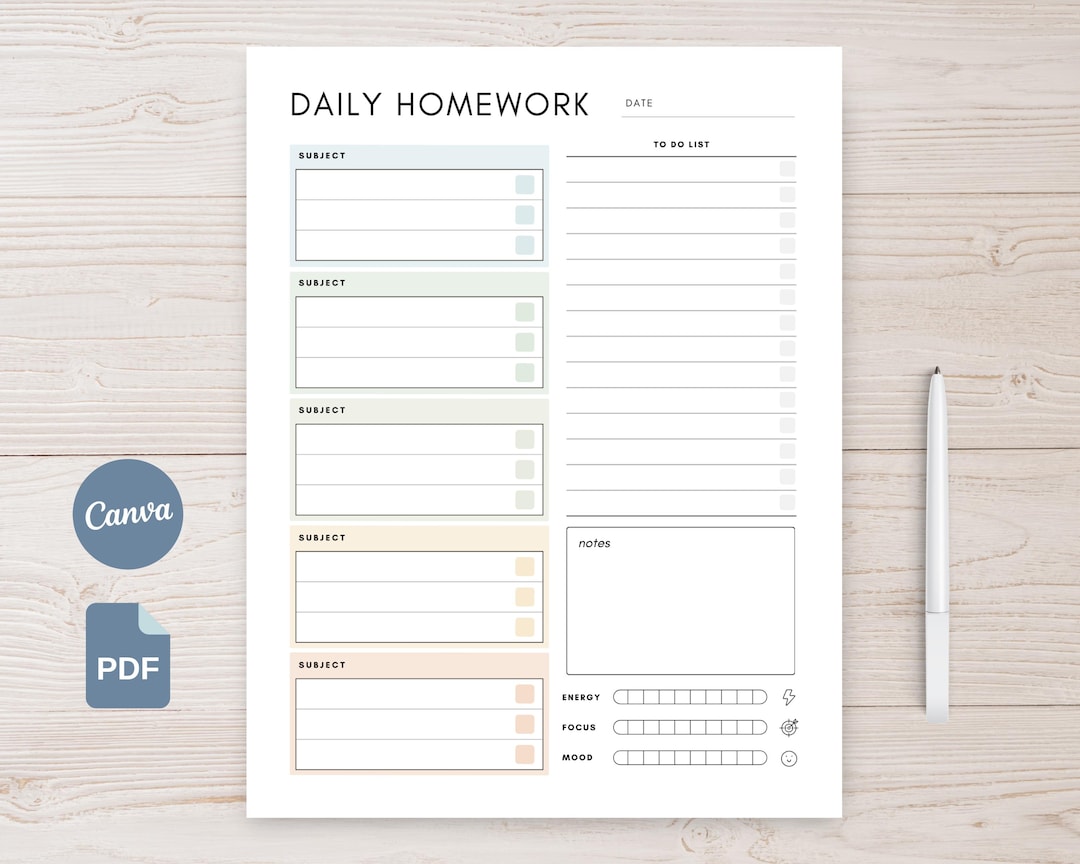 Editable Daily Homework Planner Printable Homework Tracker, Undated ...