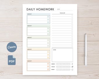 Editable Daily Homework Planner Printable Homework Tracker, Undated Student Planner,  PDF & Canva Template (Us Letter, A4, A5, HPC)