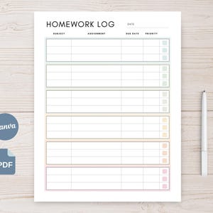 May include: A white Homework Log printable with pastel-coloured rows for subject, assignment, due date, and priority. The document includes the text "Homework Log" at the top and a pen on the right side. A Canva and PDF logo are in the bottom left corner.