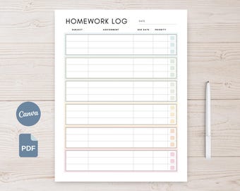 Homework Log Printable, Student Assignment Tracker, Colorful Minimalist Planner Canva PDF (Us Letter, A4, A5, HPC)