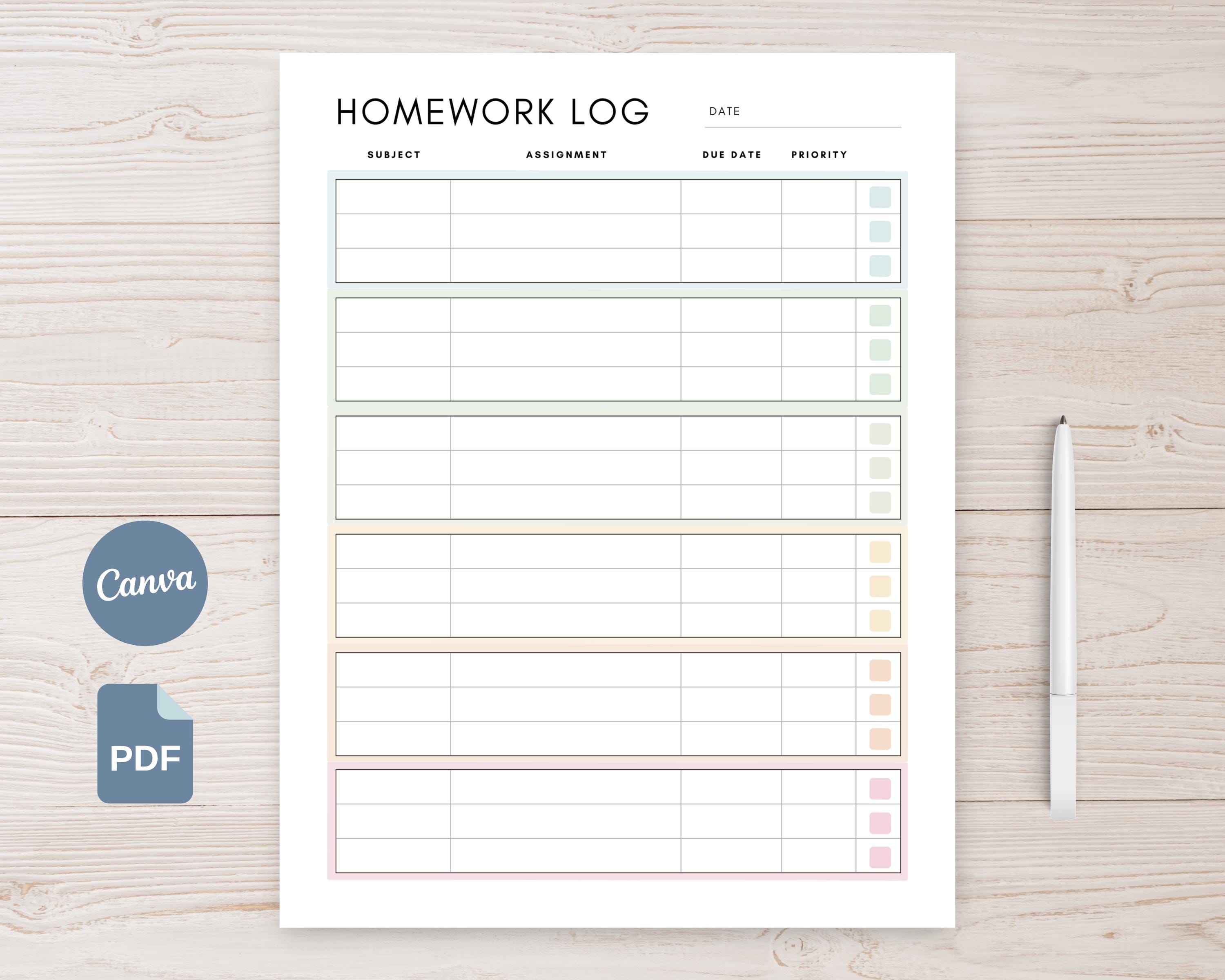 Homework Log Printable, Student Assignment Tracker, Colorful Minimalist ...