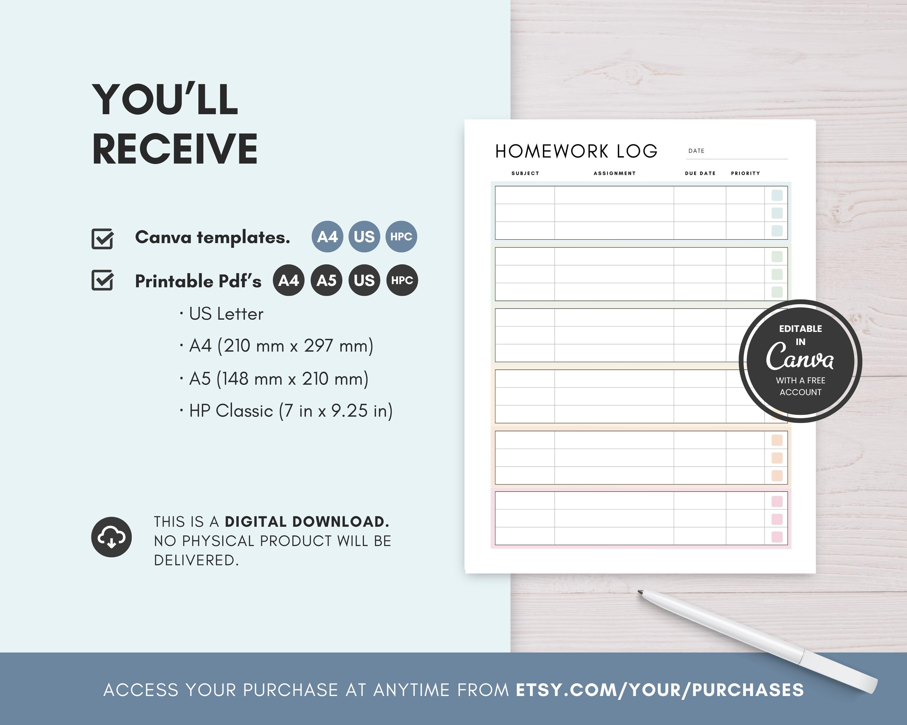Assignment Log Lay Out Homework Log Printable, Student Assignment Tracker, Colorful Minimalist ...