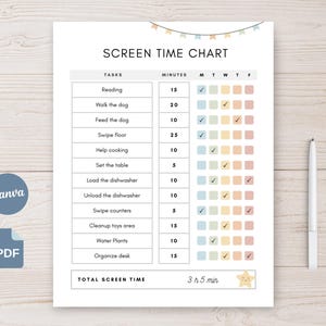 May include: A white screen time chart with pastel-colored boxes and a checklist format. The chart includes tasks like reading, walking the dog, and helping with cooking. The text "SCREEN TIME CHART" is at the top, with a total time of 3 hours and 5 minutes.