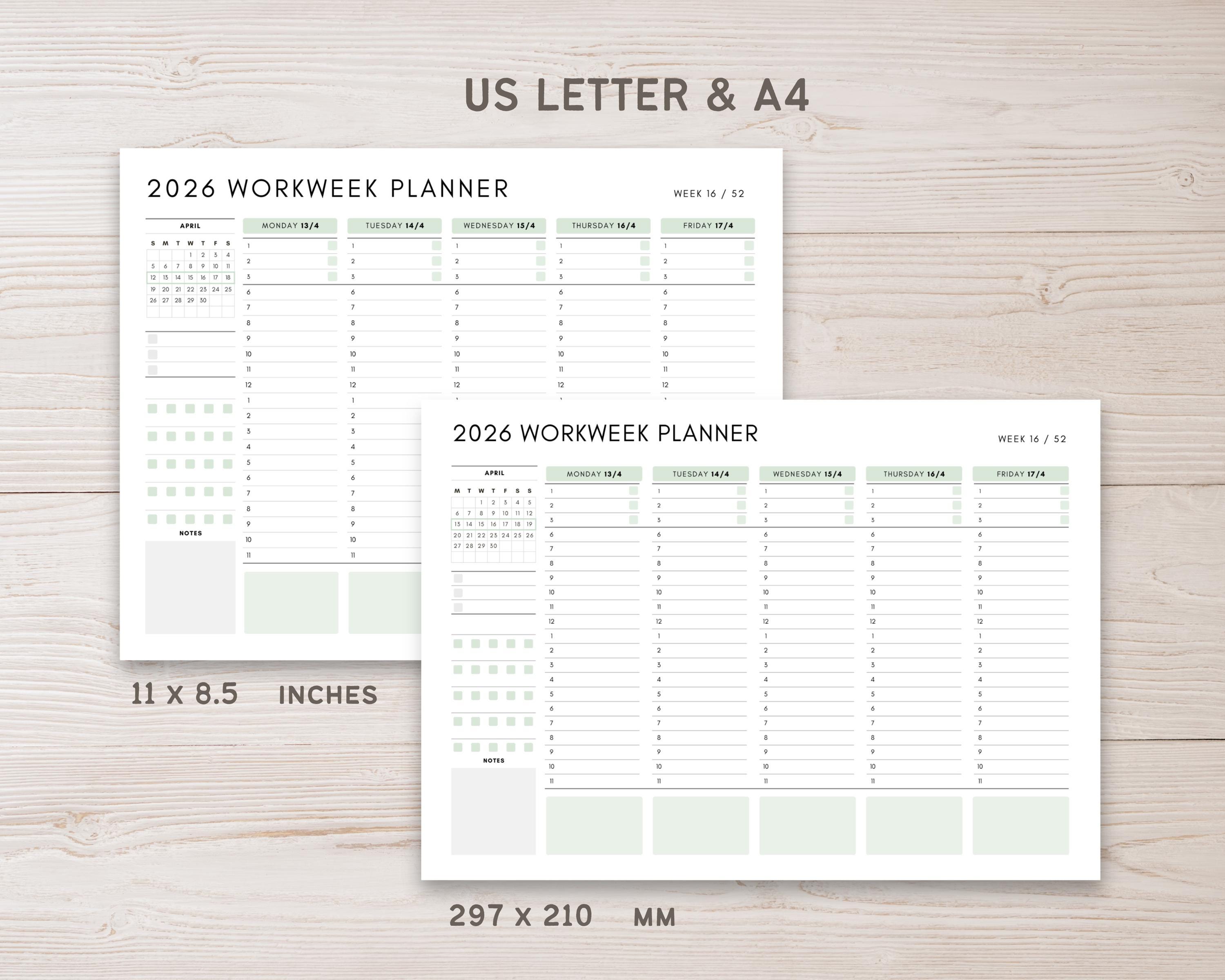 2026 Weekly Planner Printable, Editable Workweek Daily Hourly Schedule ...