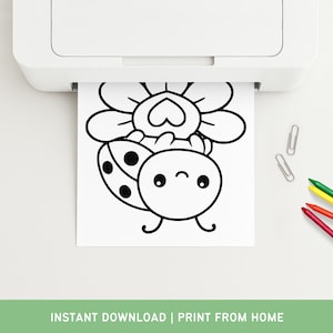 May include: A black and white line drawing of a ladybug and flower is printed from a white printer. The ladybug has spots and is smiling. The image is on white paper. Colored pencils and paper clips are next to the printer. The text "INSTANT DOWNLOAD | PRINT FROM HOME" is at the bottom.