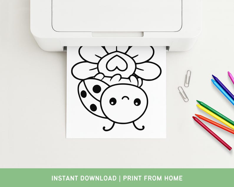 May include: A black and white line drawing of a ladybug and flower is printed from a white printer. The ladybug has spots and is smiling. The image is on white paper. Colored pencils and paper clips are next to the printer. The text "INSTANT DOWNLOAD | PRINT FROM HOME" is at the bottom.