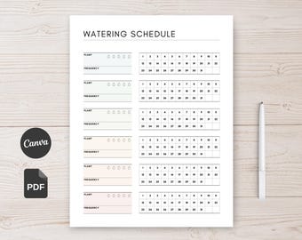 Plant Watering Schedule Printable Garden Plant Care Planner Editable Water Tracker Log Canva Template (US Letter, A4, A5 & HPClassic)