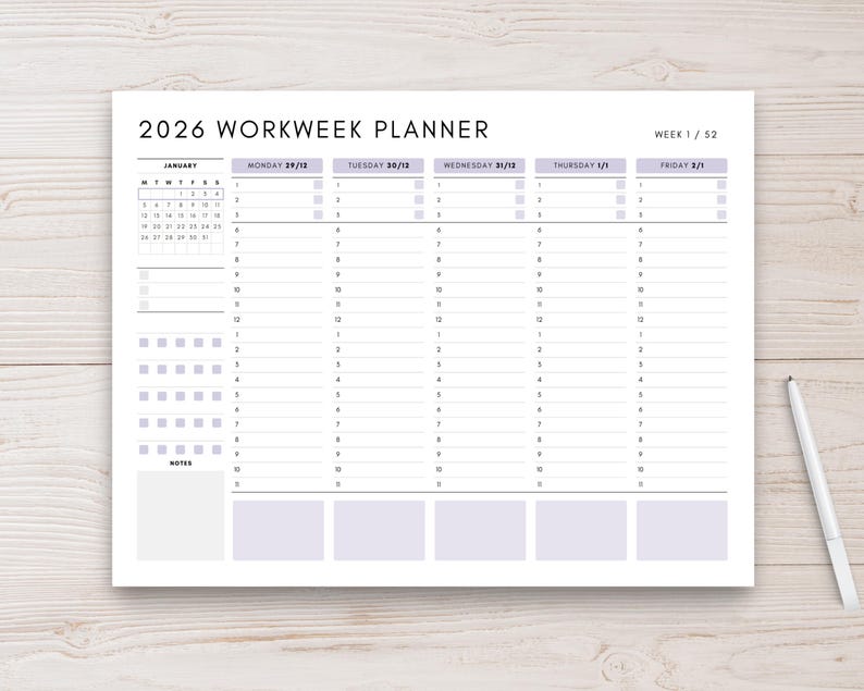 2026 Weekly Planner Printable, Editable Workweek Daily Hourly Schedule ...