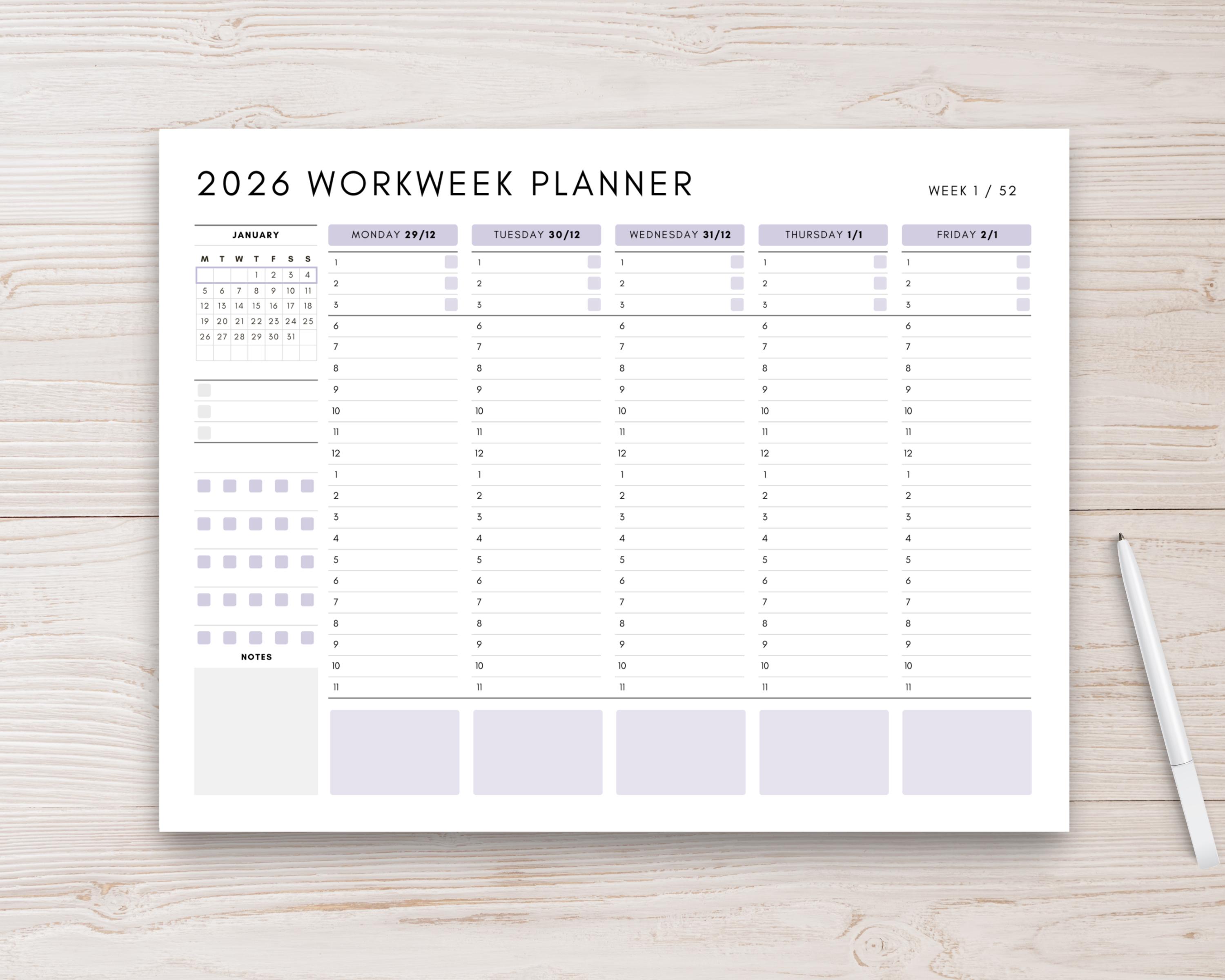 2026 Weekly Planner Printable, Editable Workweek Daily Hourly Schedule ...