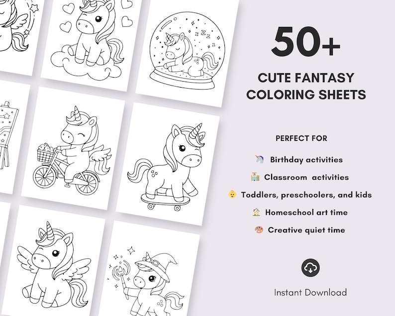 Cute unicorn coloring book printable filled with playful and cheerful illustrations. Each page is designed with bold outlines to make coloring simple and enjoyable for little hands. A great screen-free activity that encourages creativity at home or in the classroom.
