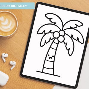 May include: A digital illustration of a cartoon palm tree with a smiling face, displayed on a tablet. The text "COLOR DIGITALLY" is in the upper left corner. A cup of coffee, earbuds, and a charging case are on a wooden surface.