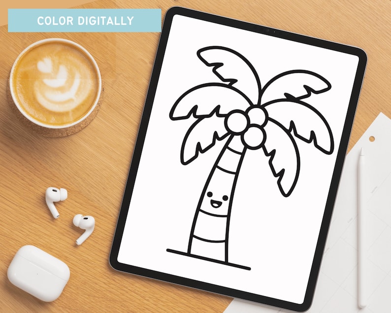 May include: A digital illustration of a cartoon palm tree with a smiling face, displayed on a tablet. The text "COLOR DIGITALLY" is in the upper left corner. A cup of coffee, earbuds, and a charging case are on a wooden surface.