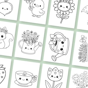 Printable kawaii spring coloring pages for toddlers and preschool kids with large, easy-to-color images. This bundle features a variety of spring elements including animals, flowers, and nature scenes in a cute cartoon style. Ideal for homeschool, classroom use, or fun seasonal activities during springtime.