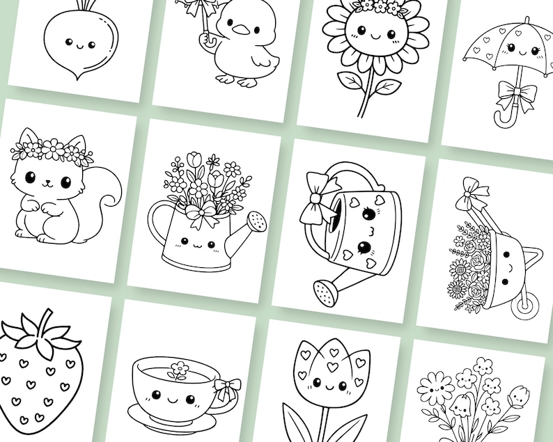 Printable kawaii spring coloring pages for toddlers and preschool kids with large, easy-to-color images. This bundle features a variety of spring elements including animals, flowers, and nature scenes in a cute cartoon style. Ideal for homeschool, classroom use, or fun seasonal activities during springtime.