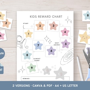 Puede incluir: Un gráfico de recompensas para niños con temática espacial, con pegatinas en forma de estrella numeradas en colores pastel. El gráfico incluye una ilustración de astronauta y el texto "KIDS REWARD CHART". Incluye versiones Canva y PDF.