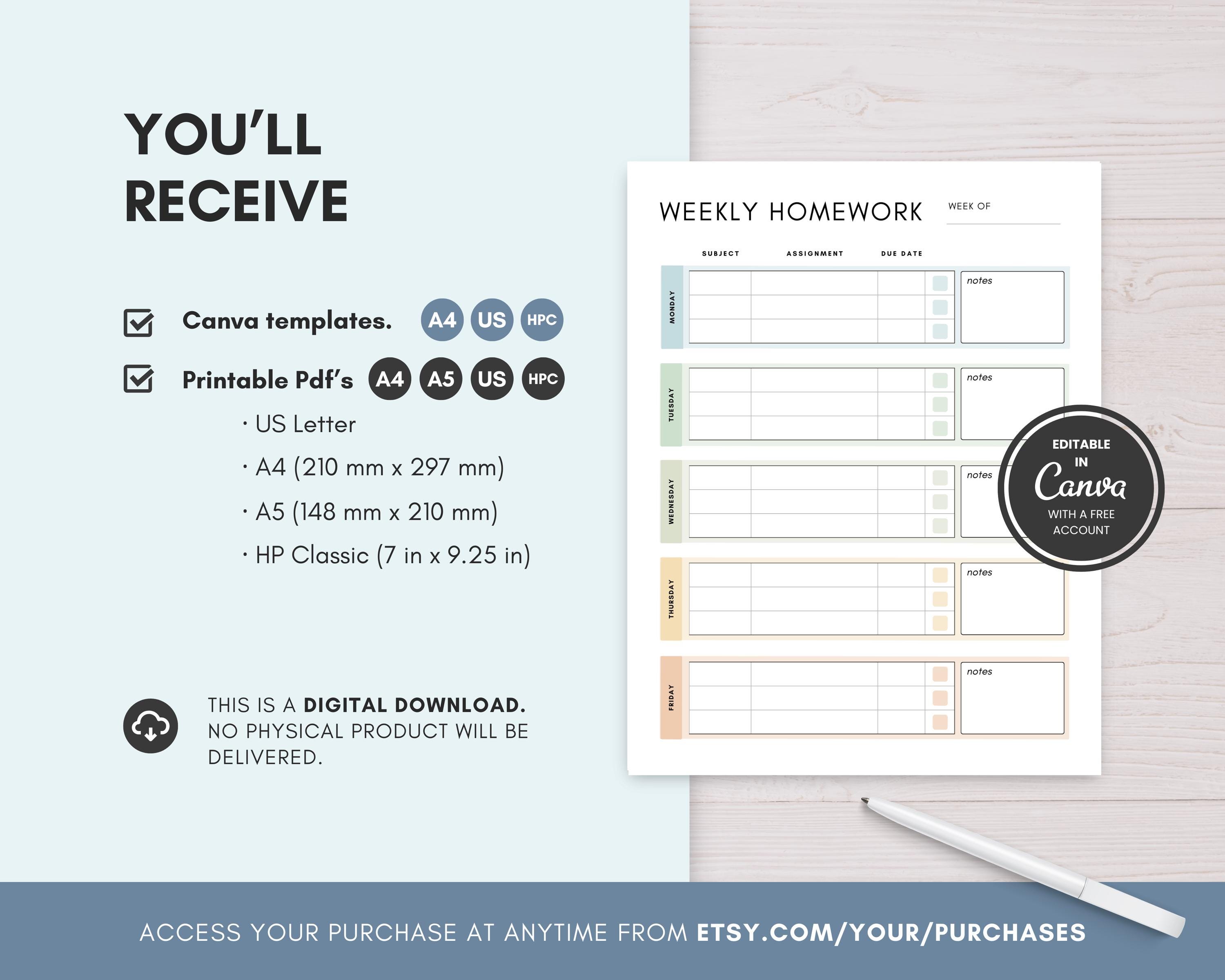Weekly Homework Planner Printable, Student Assignment Tracker ...