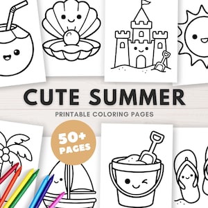 Può includere: Disegni a tratto in bianco e nero a tema estivo, tra cui una noce di cocco, una conchiglia, un castello di sabbia, un sole, una palma, una barca a vela, un secchio con paletta e infradito. Il testo dice "CUTE SUMMER PRINTABLE COLORING PAGES" e "50+ PAGES".