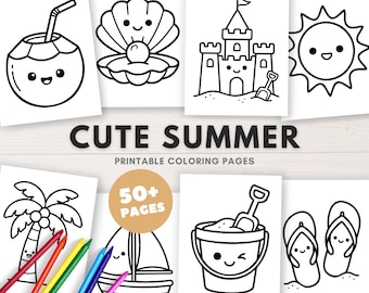 Kawaii Summer Coloring Pages, Cute Kids Coloring Book, Printable Summer Fun Sheets, Toddler Vacation Activity Pages (Us Letter, A4 & A5)