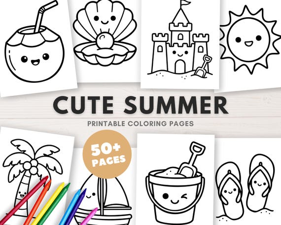 Kawaii Summer Coloring Pages, Cute Kids Coloring Book, Printable Summer Fun Sheets, Toddler Vacation Activity Pages (Us Letter, A4 & A5)