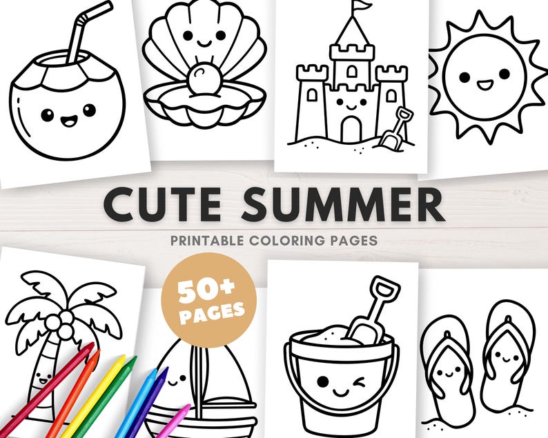 Kawaii summer coloring pages printable for kids.
This adorable coloring pack features cute seasonal designs perfect for summer fun and creativity.