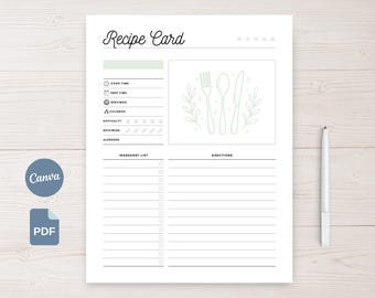 Recipe Book Template Printable, Editable Recipe Planner Fillable Family Cookbook Journal Canva Template (US Letter & A4)