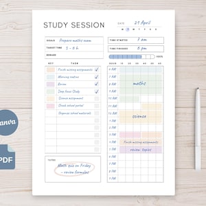 Puede incluir: Un planificador de estudio blanco con el título "STUDY SESSION" y la fecha del 21 de abril. El planificador incluye secciones para objetivos, tiempo objetivo y una lista de tareas con casillas de verificación. Un bolígrafo descansa en el lado derecho.
