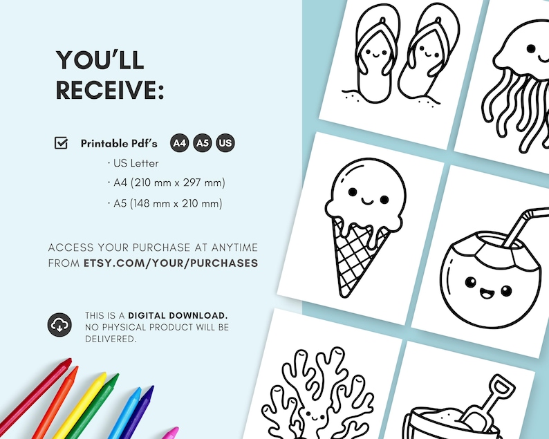 Cute sun and cloud coloring sheet for kids.
Whimsical sky elements in kawaii style create a joyful and calming coloring experience.