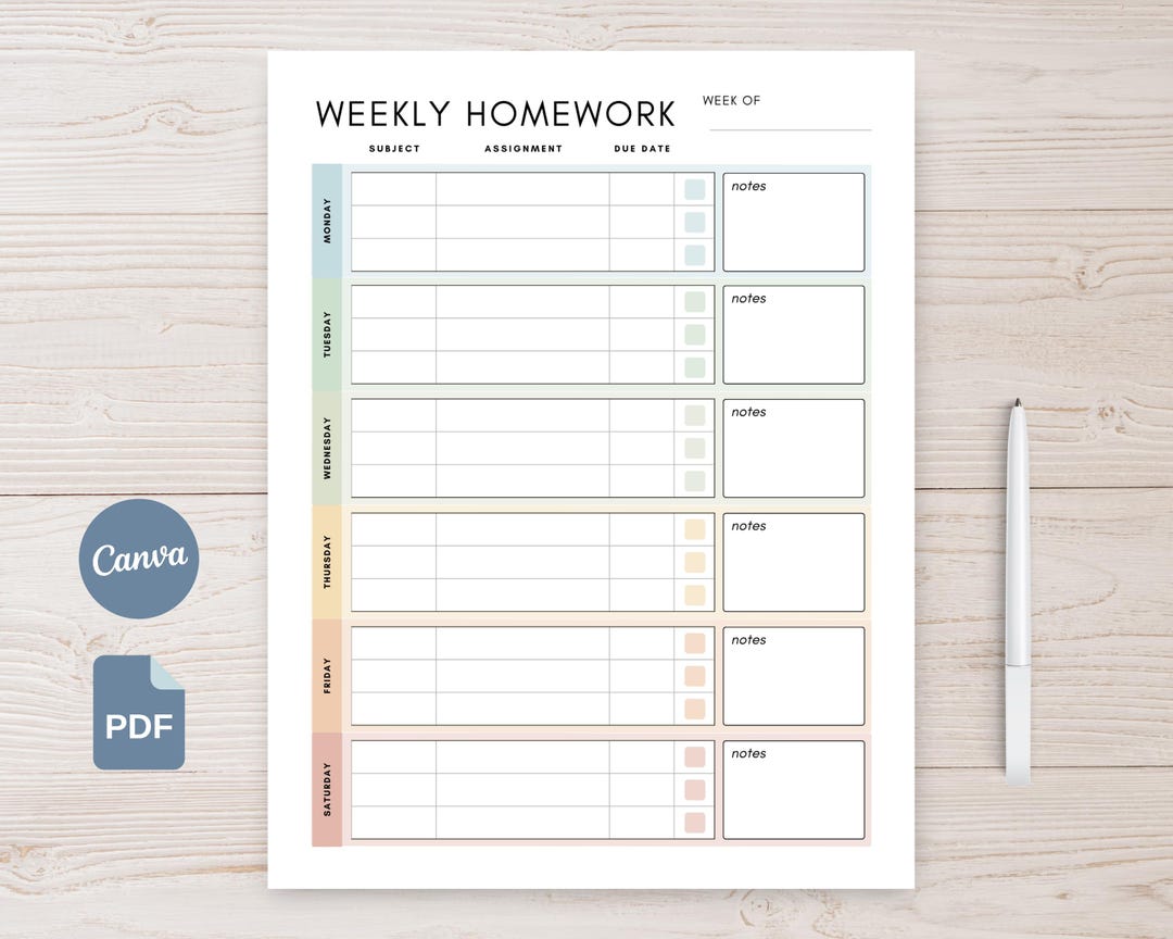 Weekly Homework Planner Printable, Student Assignment Tracker ...