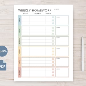 Puede incluir: Un planificador de tareas semanales imprimible con secciones para asignatura, tarea y fecha de entrega. El planificador incluye una sección de notas y una casilla de verificación para cada día de la semana. Los logotipos de Canva y PDF son visibles.