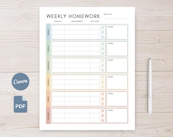 Weekly Homework Planner Printable, Student Assignment Tracker, Minimalist School , PDF Canva Template (Us Letter, A4, A5, HPC)