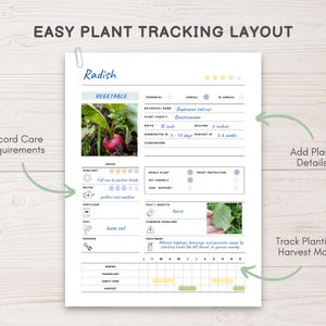 May include: A printable plant tracking layout titled "Easy Plant Tracking Layout" with radish details. The document includes sections for care requirements, plant details, and tracking planting and harvest months. The radish image is accompanied by text and illustrations.
