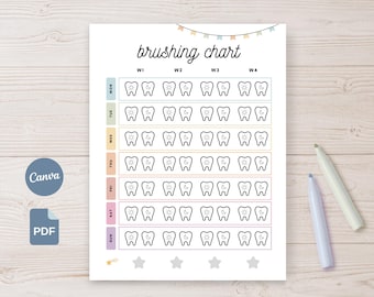 May include: A white brushing chart with a weekly layout, featuring tooth illustrations for each day. The chart includes the text "brushing chart" and is decorated with pastel colors and star icons. Two pens are visible on the right.