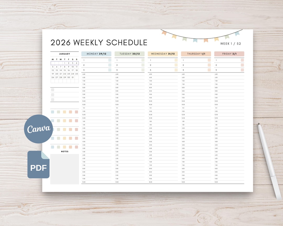 2026 Weekly Planner Printable, Editable Hourly Workweek Planner, Daily ...