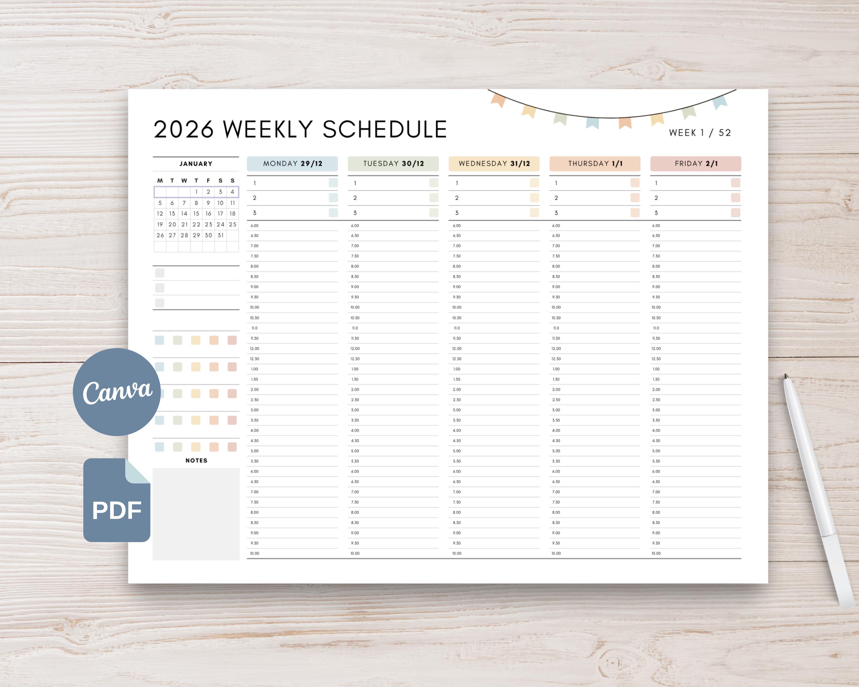 2026 Weekly Planner Printable, Editable Hourly Workweek Planner, Daily ...